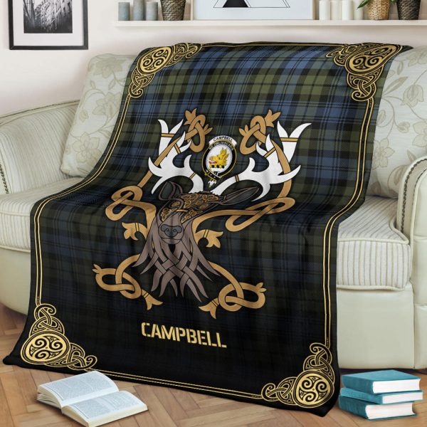 Campbell Faded Tartan Crest Premium Blanket - Celtic Stag style Online Sale - Image 2