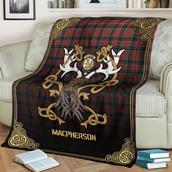 MacPherson Ancient Tartan Crest Premium Blanket - Celtic Stag style For Cheap - Image 2
