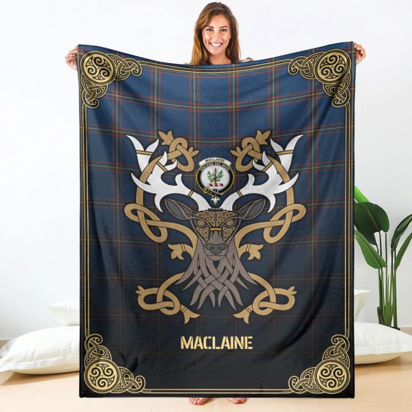 MacLaine of Loch Buie Hunting Ancient Tartan Crest Premium Blanket - Celtic Stag style on Sale