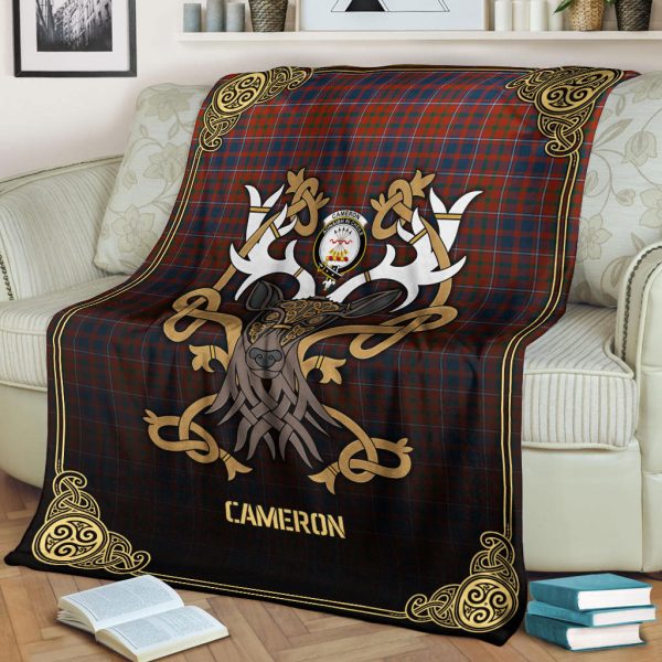 Cameron of Lochiel Ancient Tartan Crest Premium Blanket - Celtic Stag style Cheap - Image 2