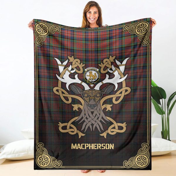 MacPherson Ancient Tartan Crest Premium Blanket - Celtic Stag style For Cheap