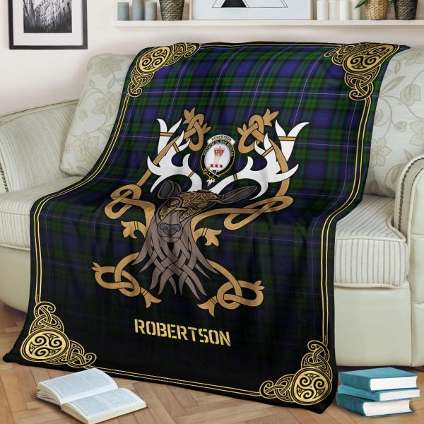 Robertson Hunting Modern Tartan Crest Premium Blanket - Celtic Stag style For Cheap - Image 2