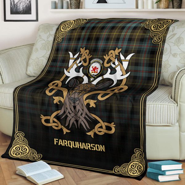 Farquharson Weathered Tartan Crest Premium Blanket - Celtic Stag style on Sale - Image 2