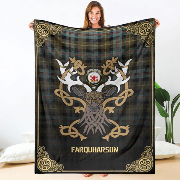 Farquharson Weathered Tartan Crest Premium Blanket - Celtic Stag style on Sale