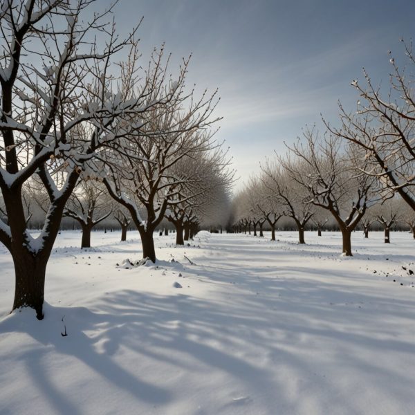 An orchard with bare fruit trees covered in snow Sale
