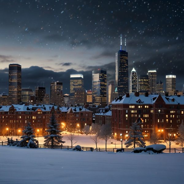 A city skyline with buildings covered in snow and twinkling lights For Cheap