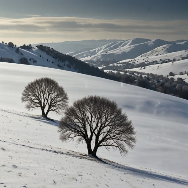 Rolling hills covered in a thick layer of snow, with a few bare trees dotting the landscape Fashion